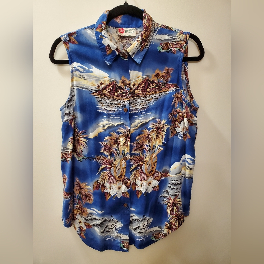 Blue Tropical Sleeveless Women's Top, Size M Hilo Hattie